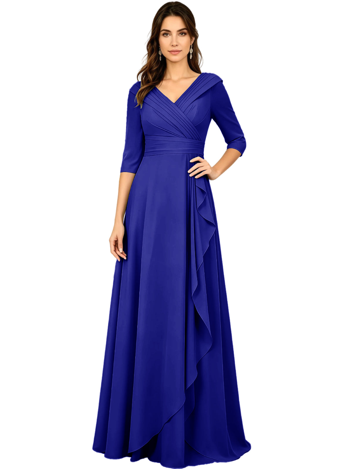 Long V-Neck Mother of the Bride Dress Chiffon Half Sleeve A-Line Gown with Side Ruffle
