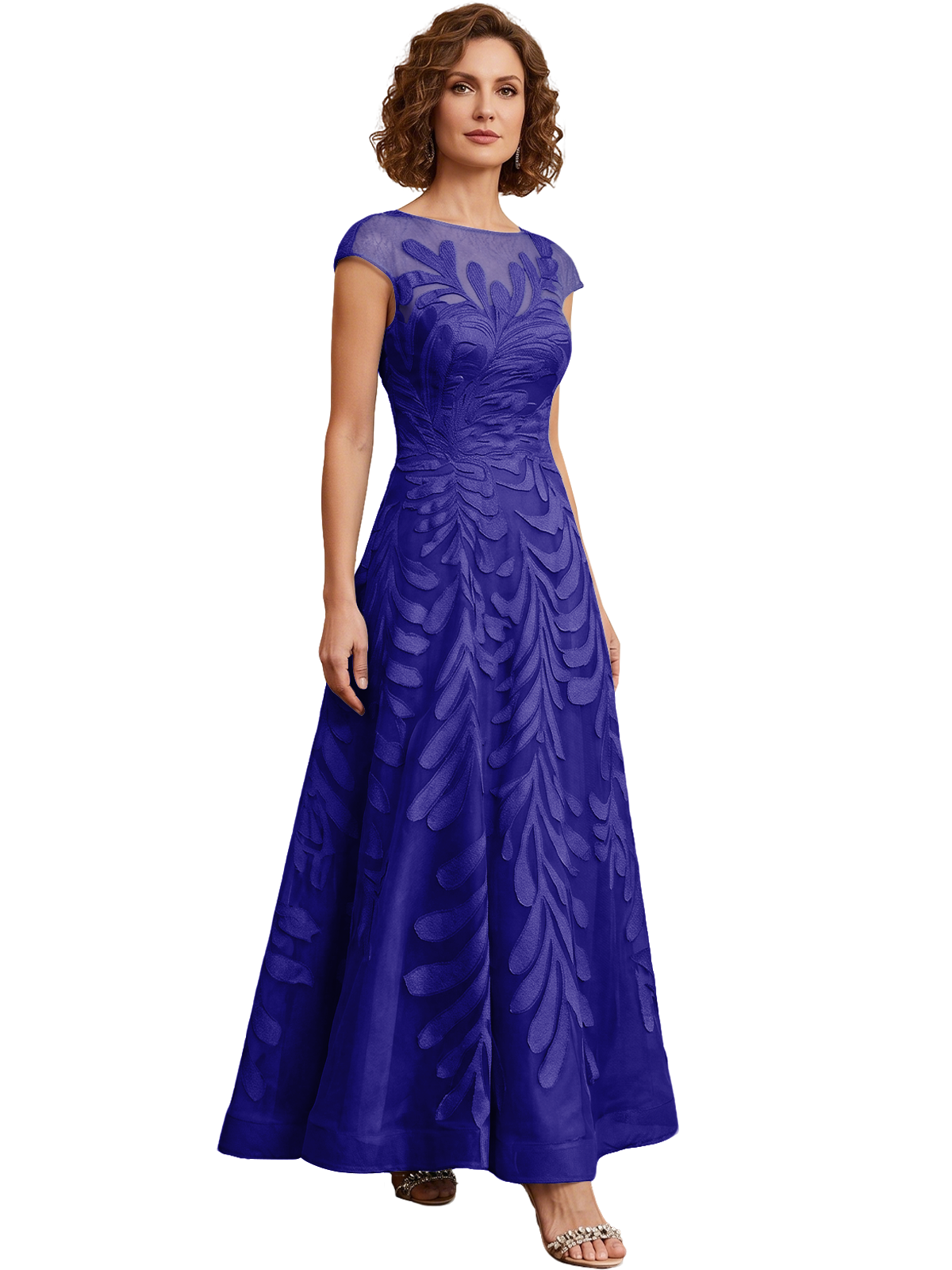 Embroidered Tulle Mother of the Bride Dress Long A-Line Gown with Illusion Cap Sleeves
