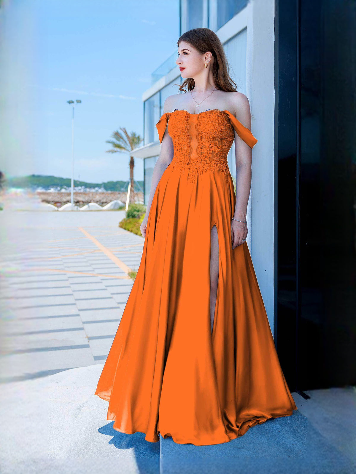 Draped Corset Floral Slit Sweetheart A-Line Floor-Length Satin Prom Dress for Pageant