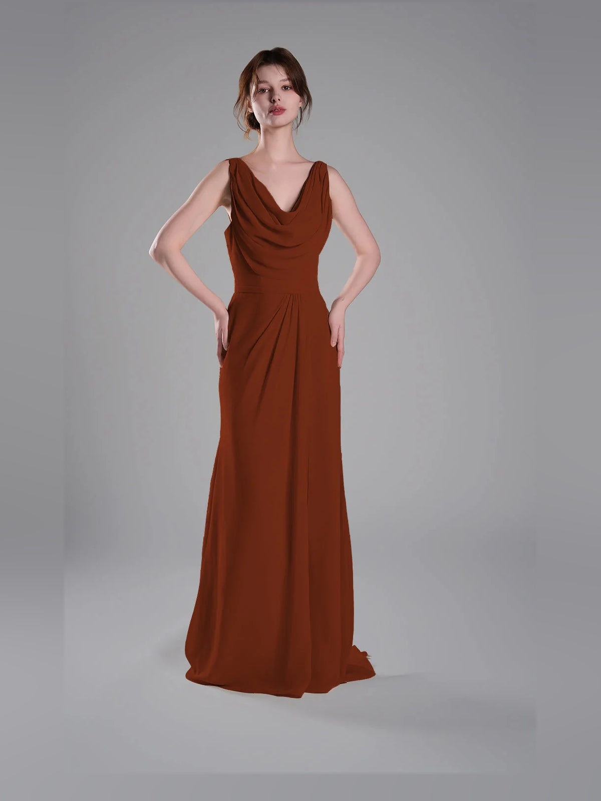 Cowl Neck Sheath Maxi Chiffon Bridesmaid Dress for Formal Wedding