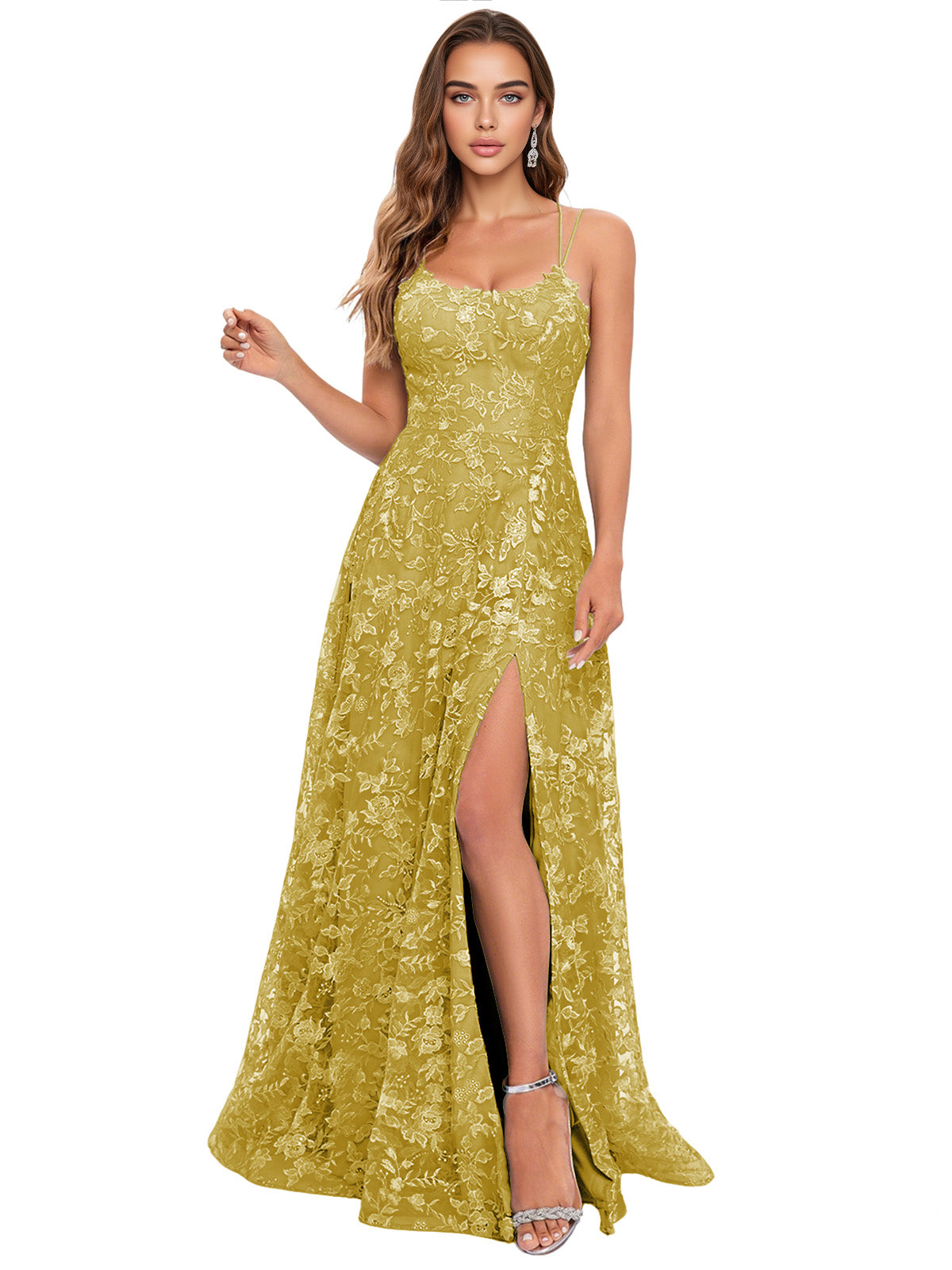 Scoop Neck Lace A-Line Prom Dress with Spaghetti Straps and Side Slit
