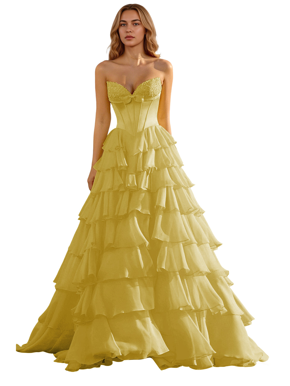 Strapless Tiered Organza Ball Gown Prom Dress with Corset Top
