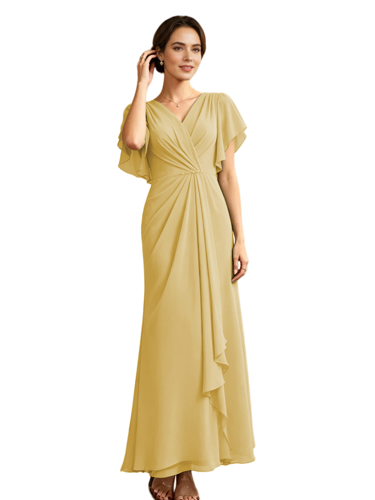 Long Chiffon Mother of the Bride Dress V-Neck Flutter Sleeve A-Line Gown with Beaded Waist