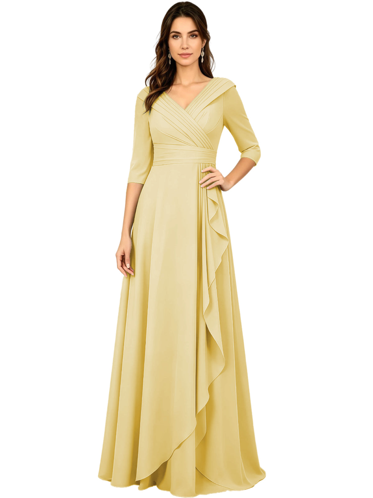 Long V-Neck Mother of the Bride Dress Chiffon Half Sleeve A-Line Gown with Side Ruffle