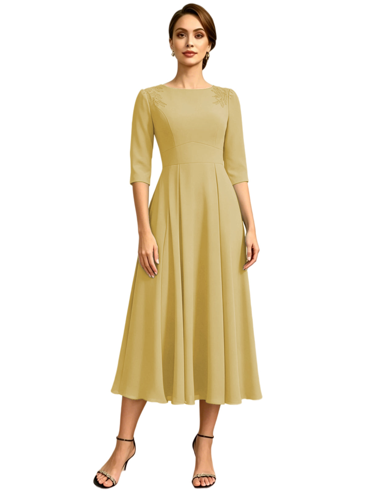 Tea Length Mother of the Bride Dress Jewel Neck Chiffon A-Line Formal Gown with Embroidery
