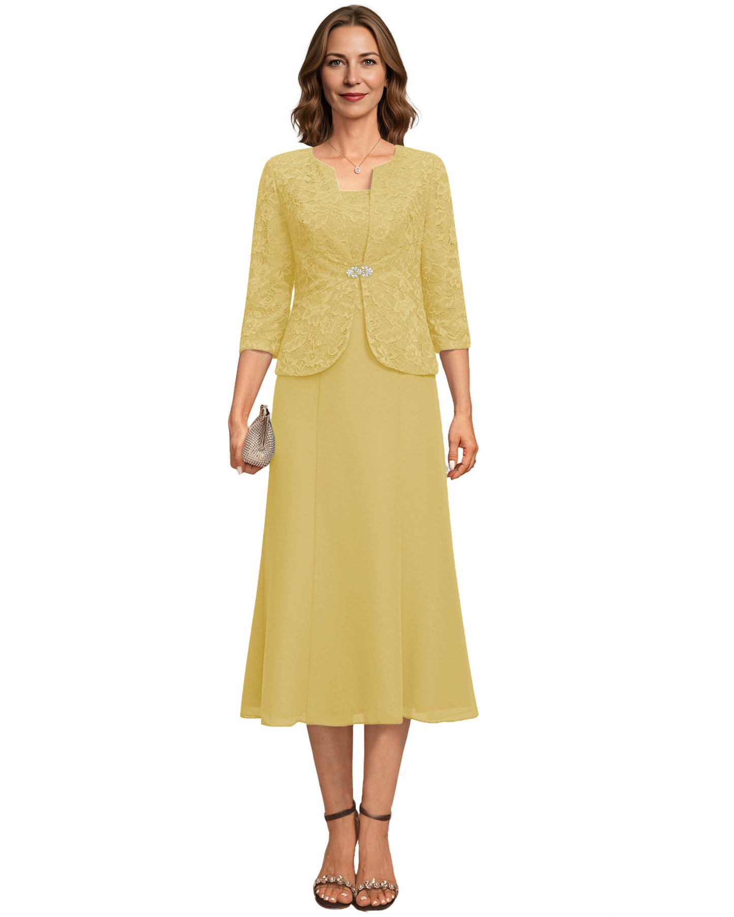 Tea Length Mother of the Bride Dress Lace Jacket Chiffon A-Line Wedding Guest Outfit