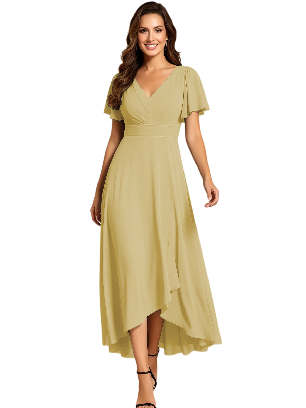 High Low Mother of the Bride Dress V-Neck Flutter Sleeve Chiffon Formal Gown