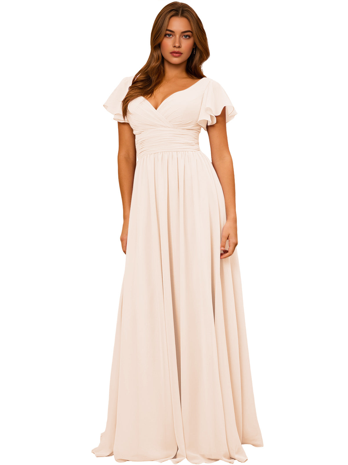 V-Neck Flutter Sleeve Chiffon Bridesmaid Dress with Empire Waist