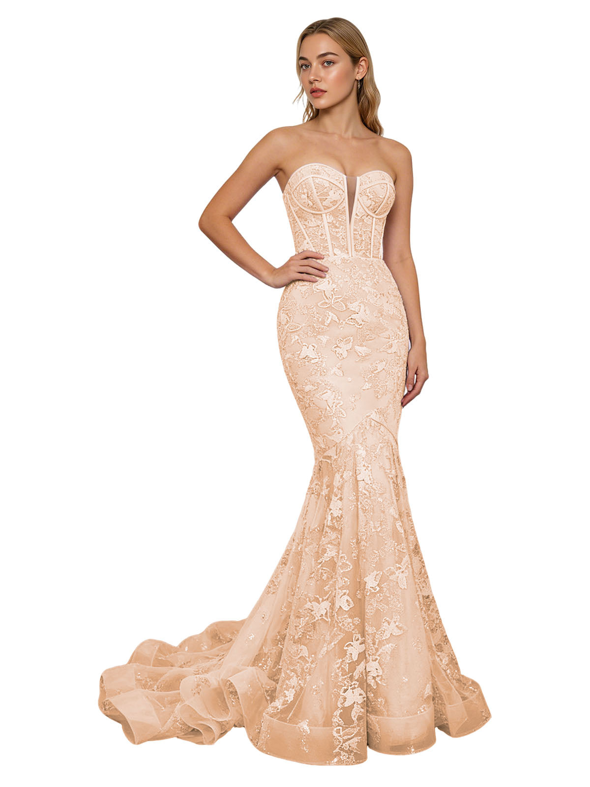 Strapless Lavender Lace Mermaid Prom Dress with Sheer Corset and Train
