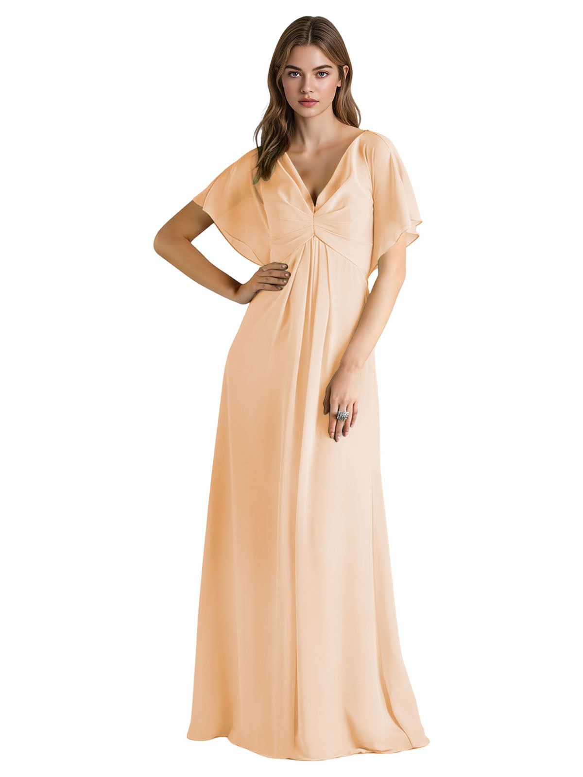 Short Sleeve V-Neck Chiffon Bridesmaid Dress with Gathered Waist