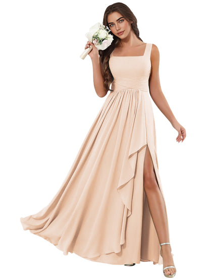 Square Neck Chiffon Bridesmaid Dress with Corset Back and Slit