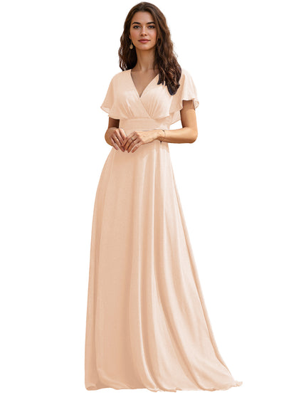 Flutter Sleeve V-Neck Chiffon Bridesmaid Dress with Flowing dress