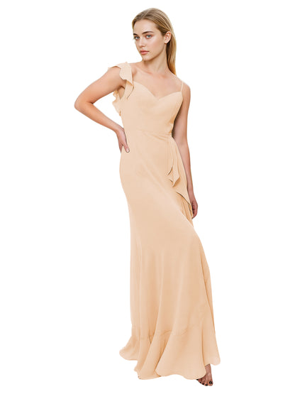 V-Neck Ruffle Strap Bridesmaid Dress with Cascading Chiffon Dress