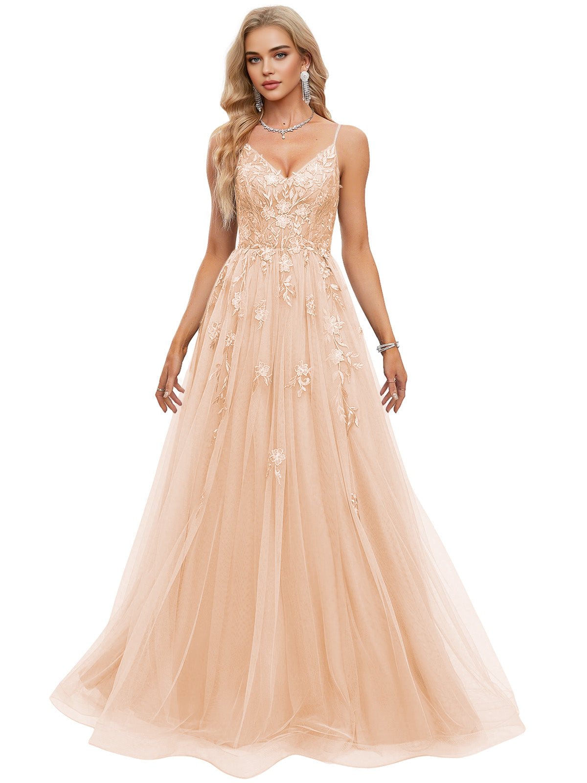 Beaded Bodice Tulle Ball Gown Prom Dress with Spaghetti Straps