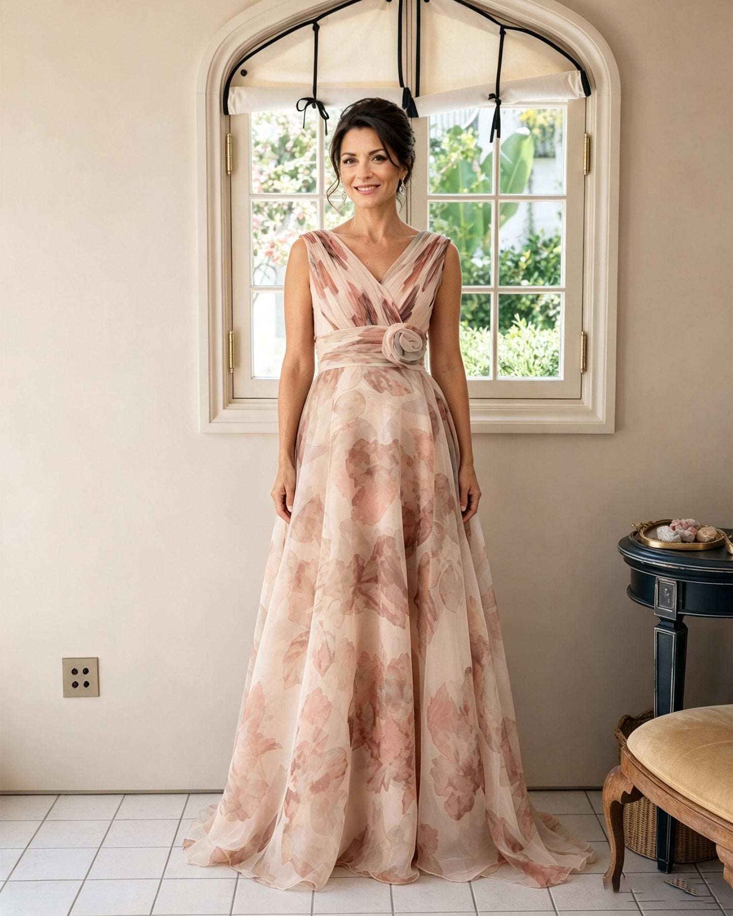 Floral Print V-Neck Chiffon Mother of the Bride Dress with Rosette Sash