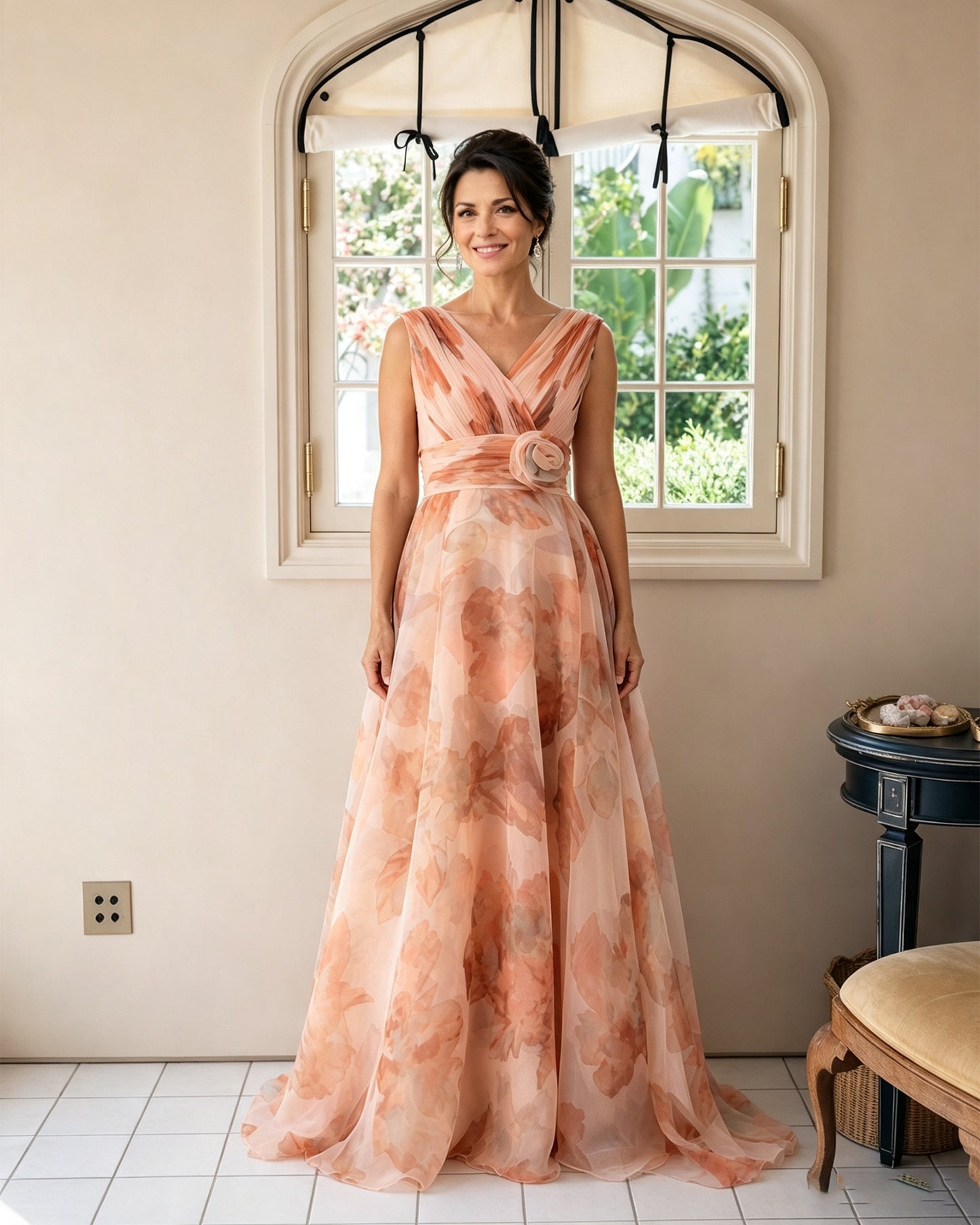 Floral Print V-Neck Chiffon Mother of the Bride Dress with Rosette Sash