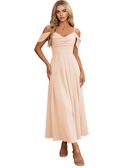 Off Shoulder Midi Bridesmaid Dress with Pleated Bodice and Flowing dress