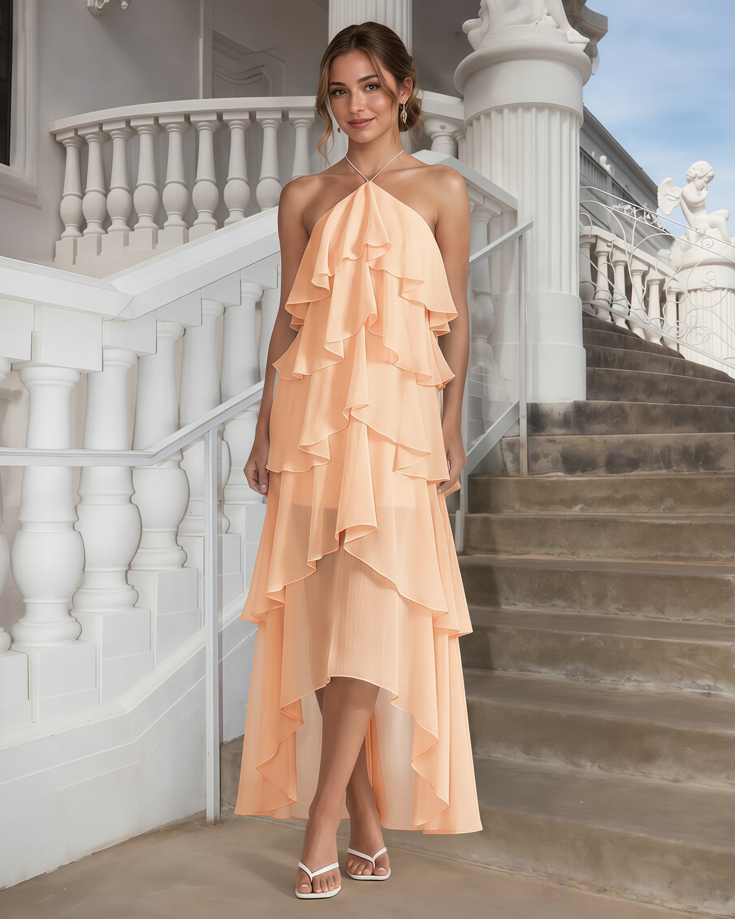 One-Shoulder Tiered Ruffle High-Low Chiffon Formal Dress