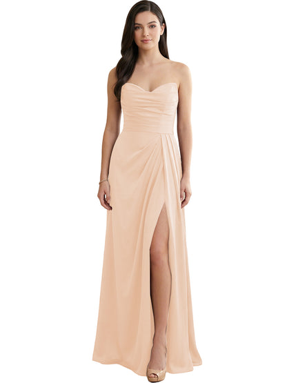 Strapless Pleated Satin Bridesmaid Dress with Side Slit