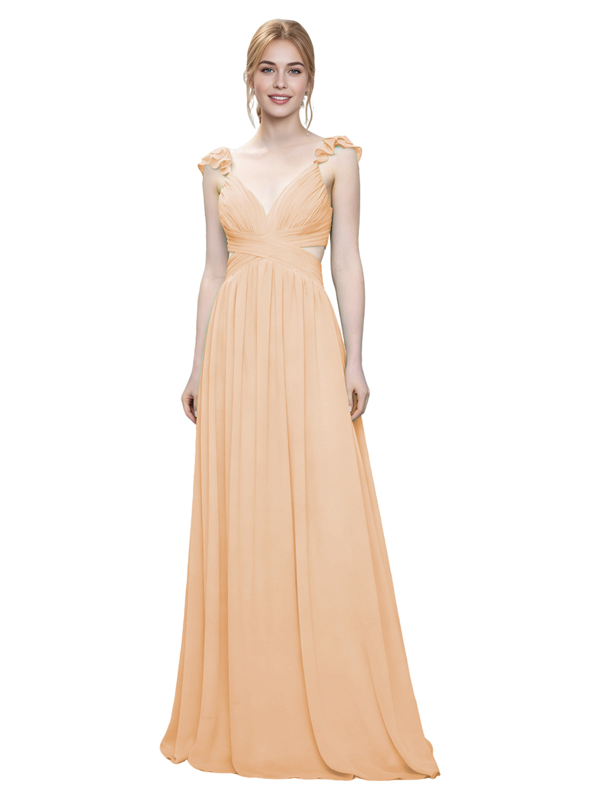 Ruffle Strap V-Neck Tulle Bridesmaid Dress with Pleated Waist