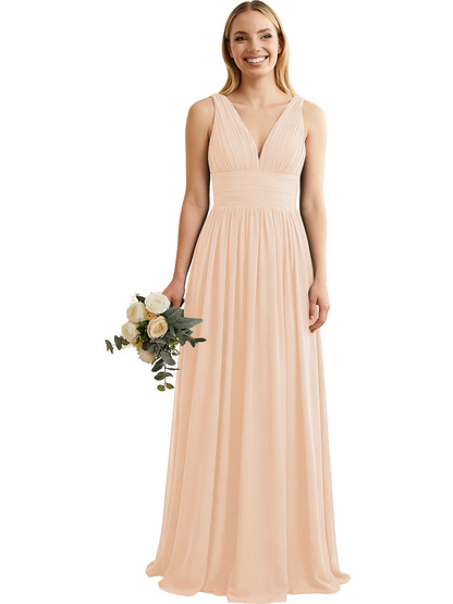 Deep V-Neck Chiffon Bridesmaid Dress with Pleated Waist