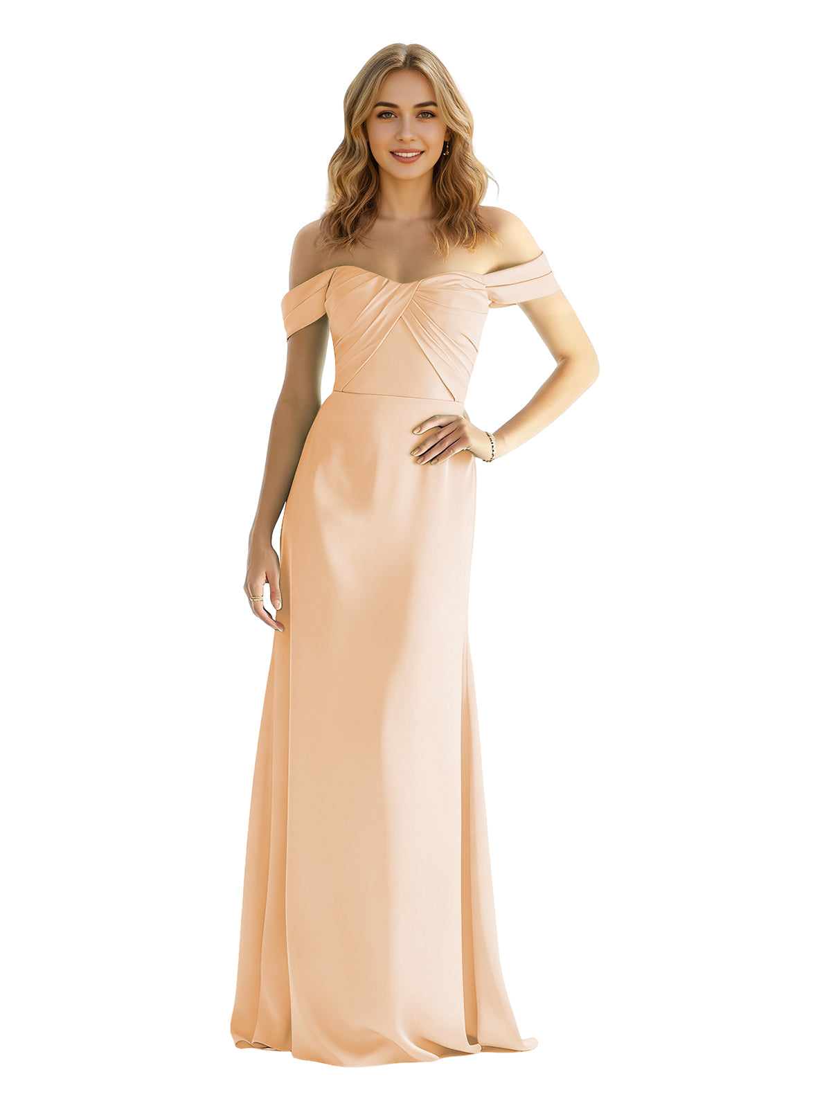 Sweetheart Off Shoulder Satin Bridesmaid Dress with Wrapped Bodice