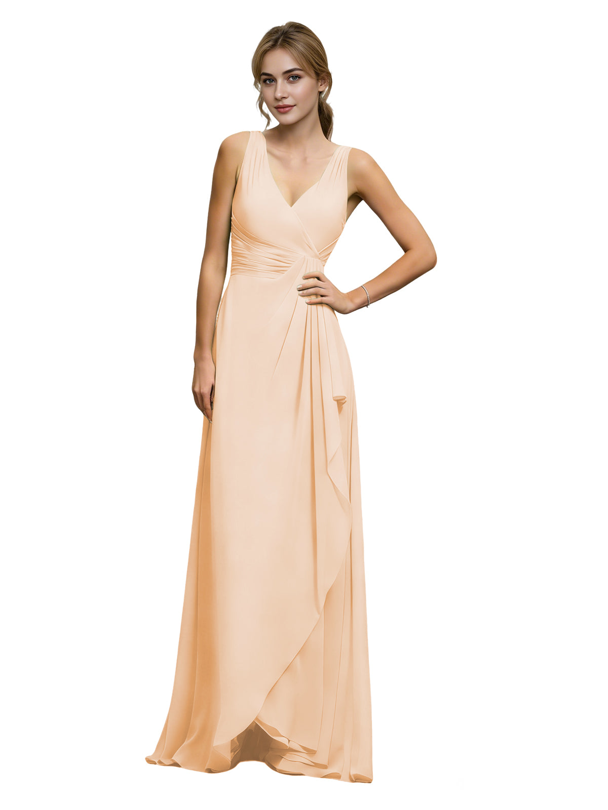 Halter V-Neck Chiffon Bridesmaid Dress with Draped Sash Waist