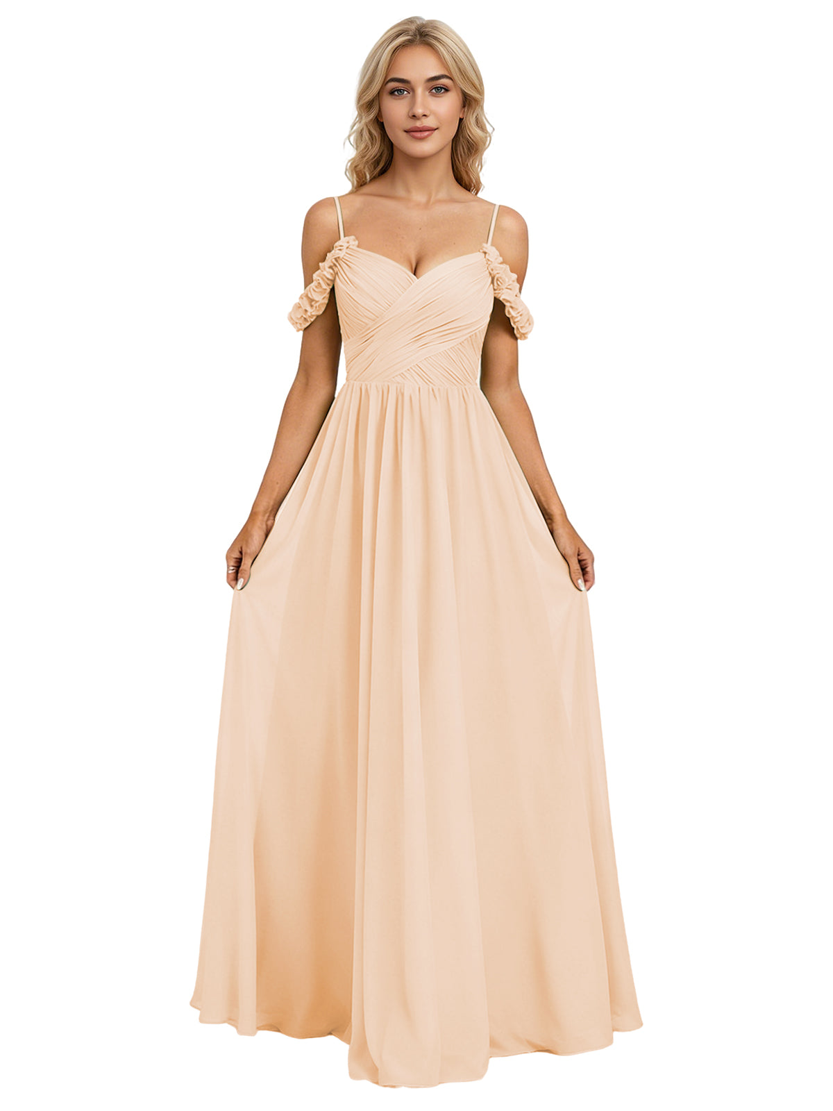 Off Shoulder Lace Applique Bridesmaid Dress with Flowing Chiffon dress