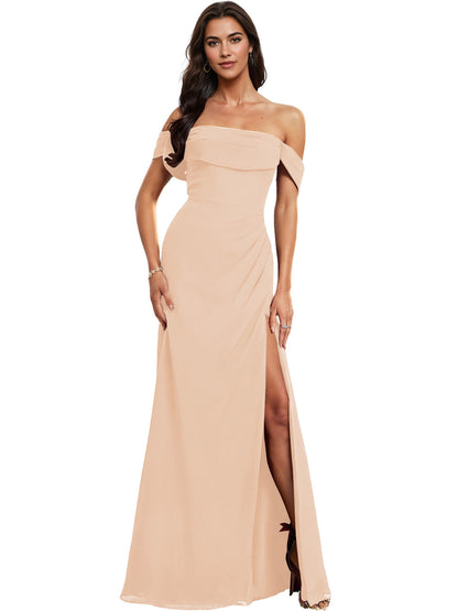 Off Shoulder Crepe Bridesmaid Dress with Foldover Neckline and Slit
