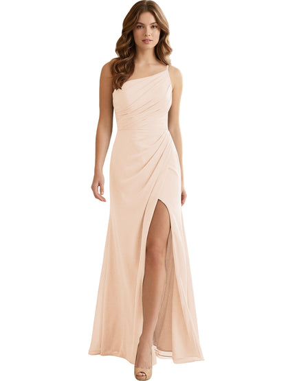 One Shoulder Ruched Chiffon Bridesmaid Dress with Front Slit