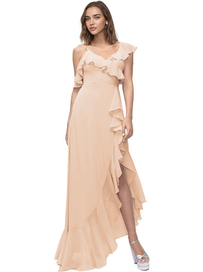 Asymmetrical Ruffle Chiffon Bridesmaid Dress with High Low Slit