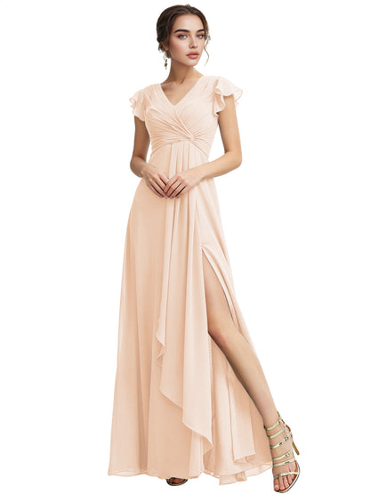 Cap Sleeve Chiffon Bridesmaid Dress with Ruffle V-Neck and Slit