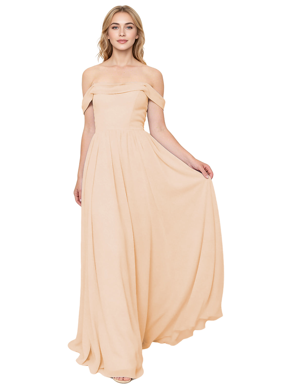 Off Shoulder Pleated Chiffon Bridesmaid Dress with Flowing A-Line Dress