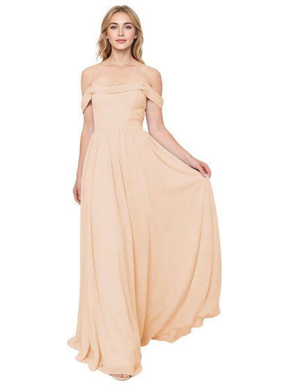Off Shoulder Pleated Chiffon Bridesmaid Dress with Flowing A-Line Dress