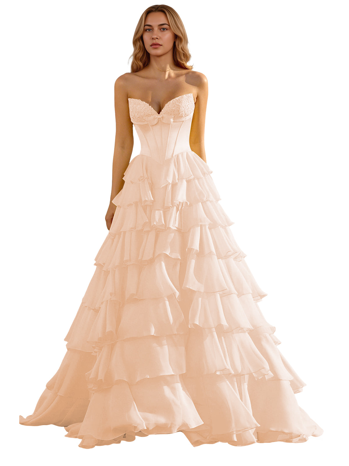 Strapless Tiered Organza Ball Gown Prom Dress with Corset Top