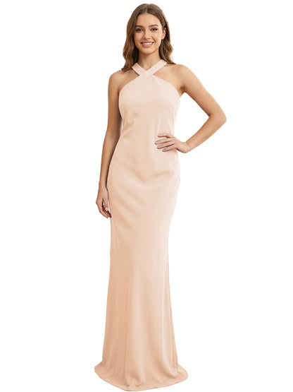 High Neck Halter Bridesmaid Dress with Sleek Column Silhouette