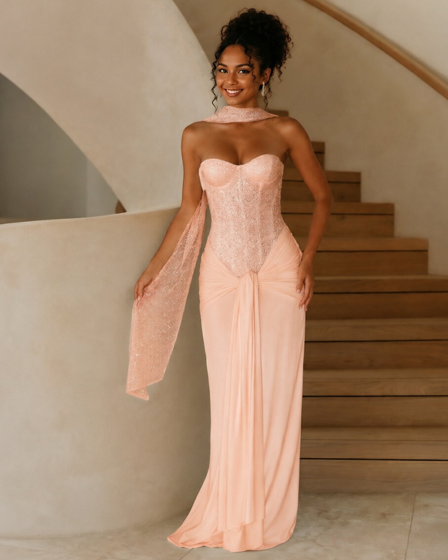 Strapless Sequin Corset Jersey Prom Dress with Draped Scarf Detail