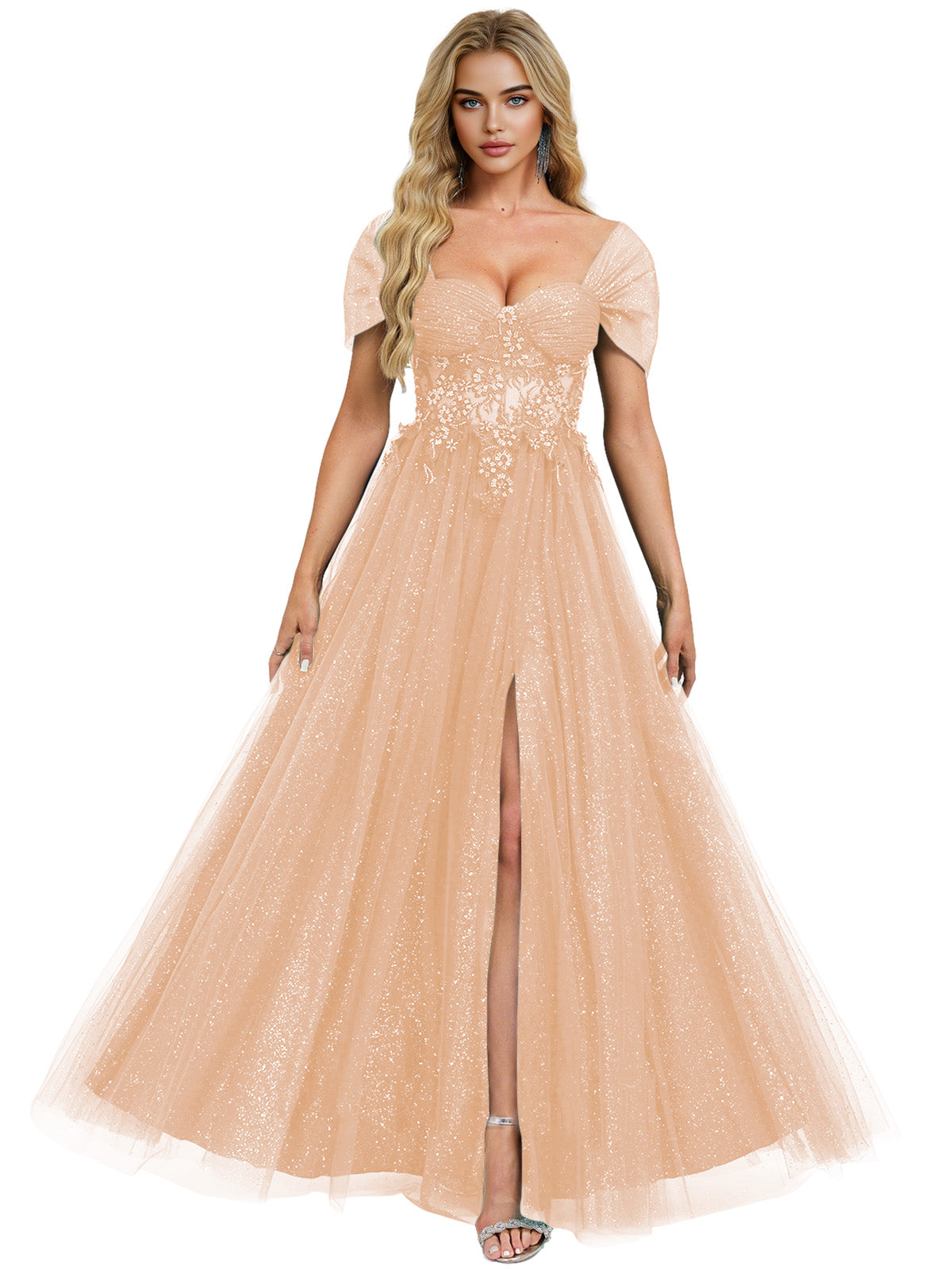 Short Sleeve Glitter Tulle Prom Dress with Illusion Bodice and Slit