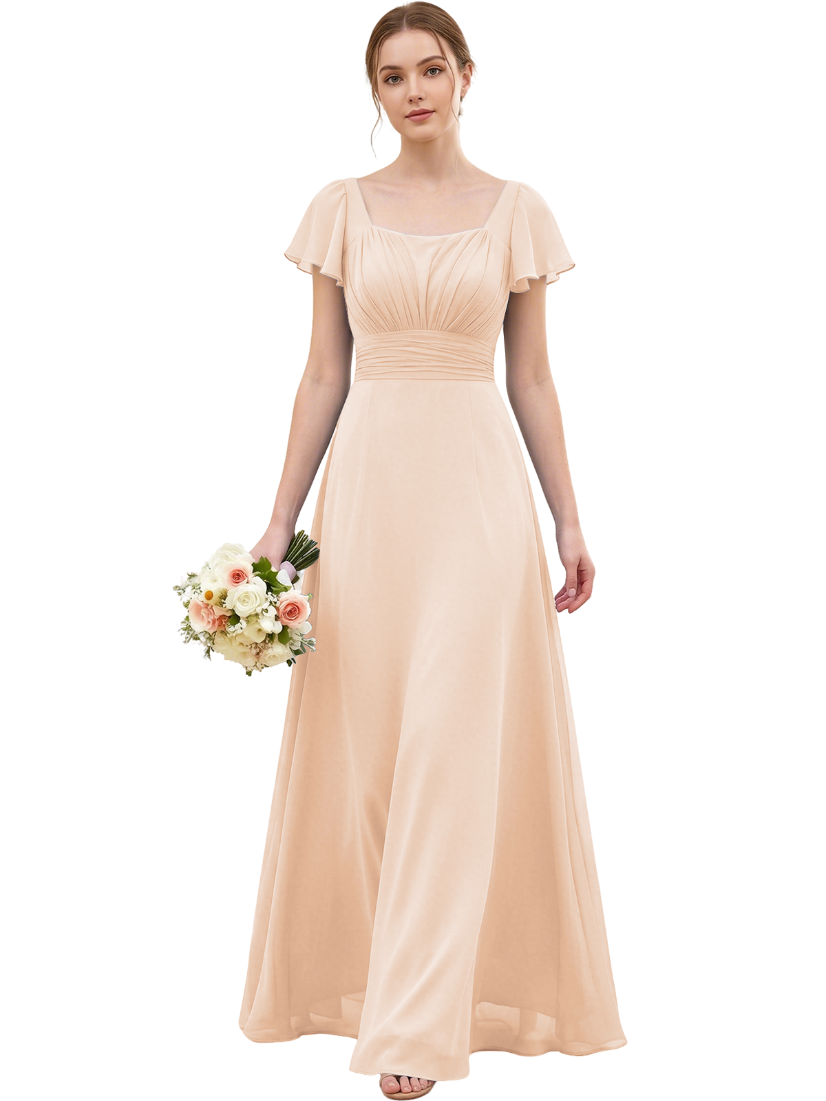 Square Neck Chiffon Bridesmaid Dress with Flutter Sleeves and Lace-Up Back