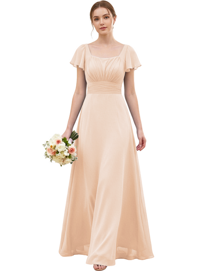 Square Neck Chiffon Bridesmaid Dress with Flutter Sleeves and Lace-Up Back