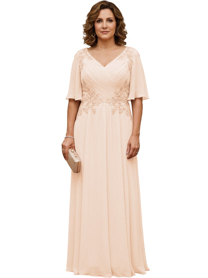 Mother of the Bride Dress Long Chiffon A-Line Gown with Flutter Sleeves and Beaded Lace