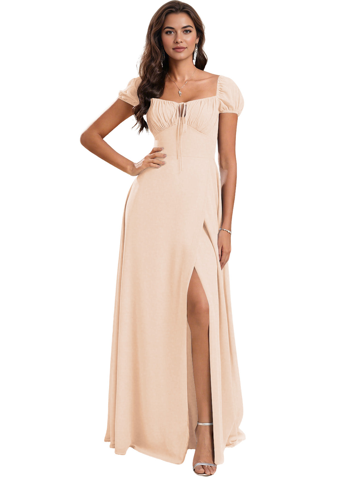 Ruched Short Sleeve Chiffon Bridesmaid Dress with Side Slit