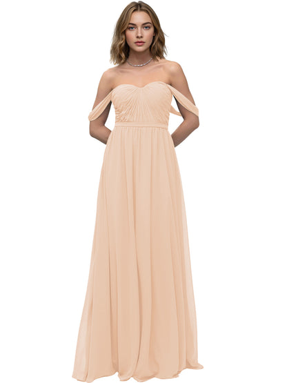 Off Shoulder Sweetheart Chiffon Bridesmaid Dress with Ruched Bodice