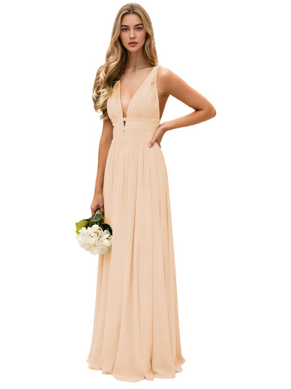 Spaghetti Strap V-Neck Chiffon Bridesmaid Dress with Open Back