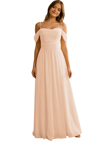 Off Shoulder Chiffon Bridesmaid Dress with Soft Pleated Bodice