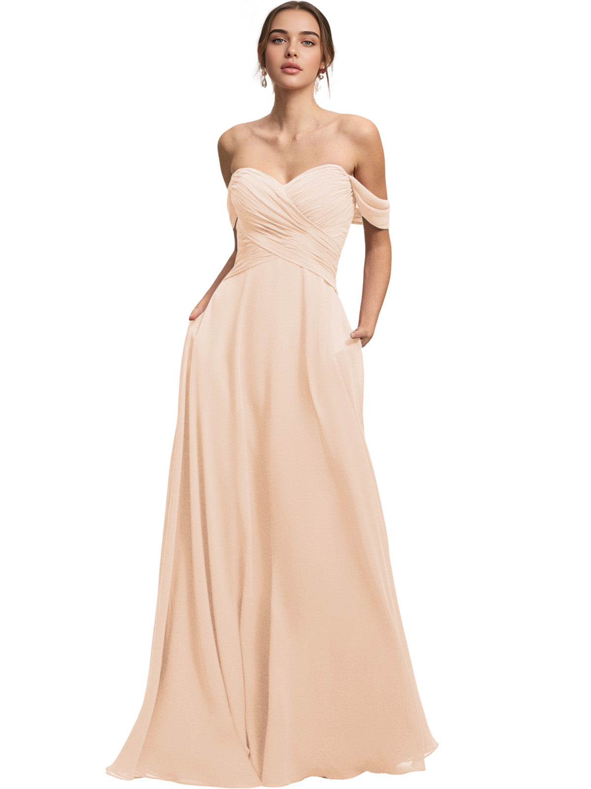 Off Shoulder Chiffon Bridesmaid Dress with Draped Bodice and A-Line Dress