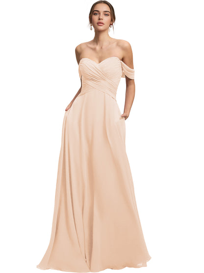 Off Shoulder Chiffon Bridesmaid Dress with Draped Bodice and A-Line Dress