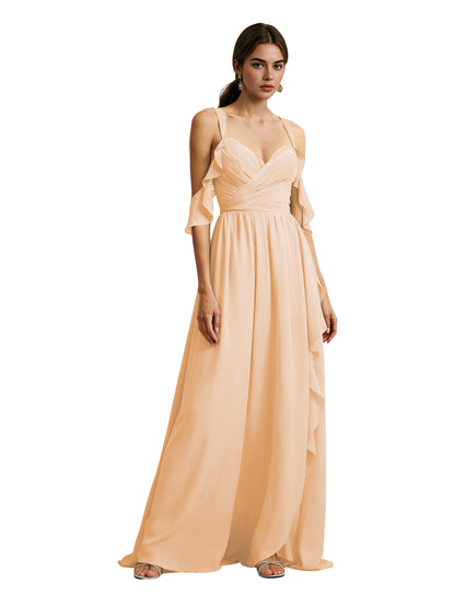 Cold Shoulder Chiffon Bridesmaid Dress with Draped V-Neck Bodice