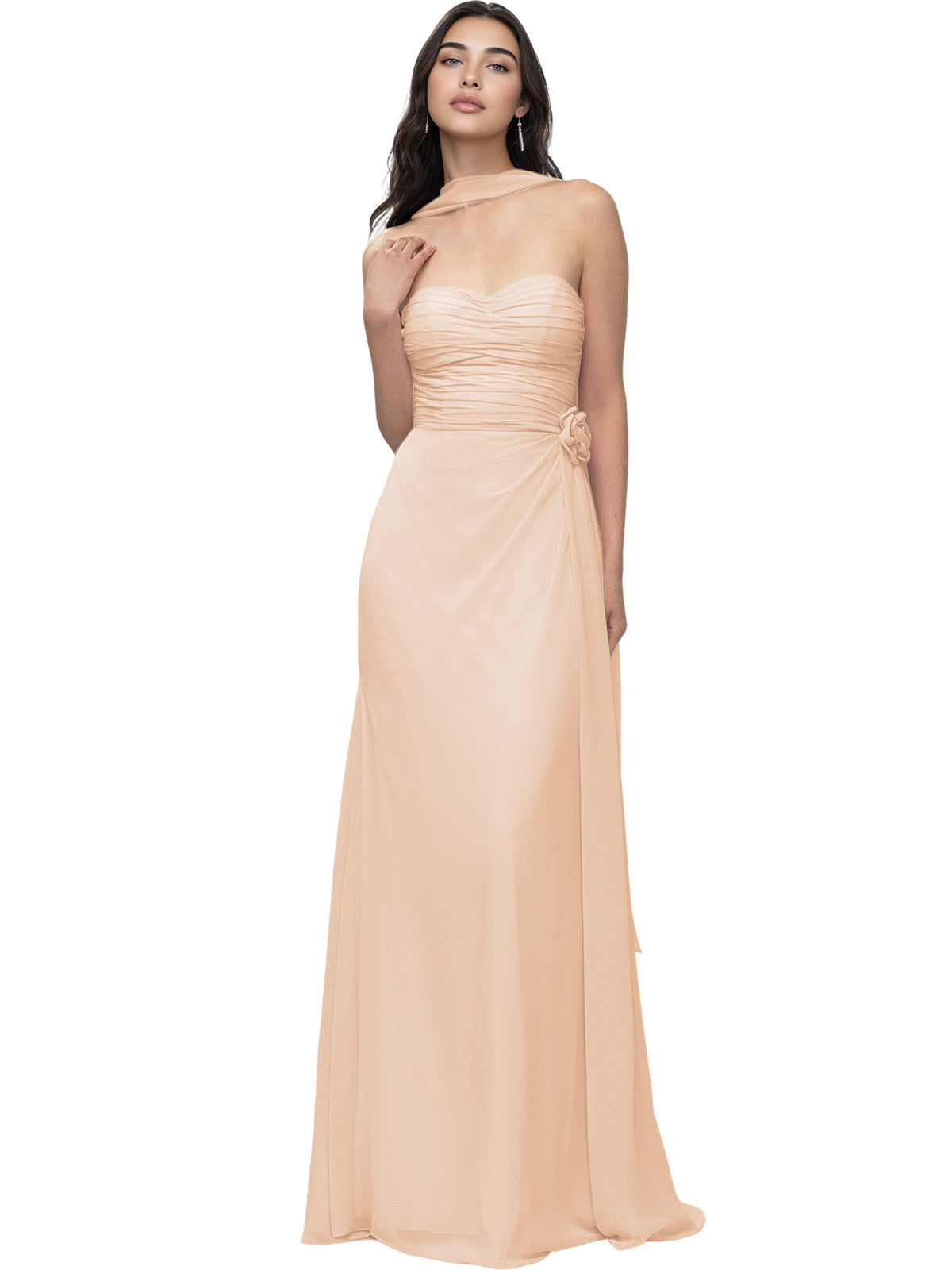 Strapless Chiffon Bridesmaid Dress with Wrapped Bodice and Slit Dress