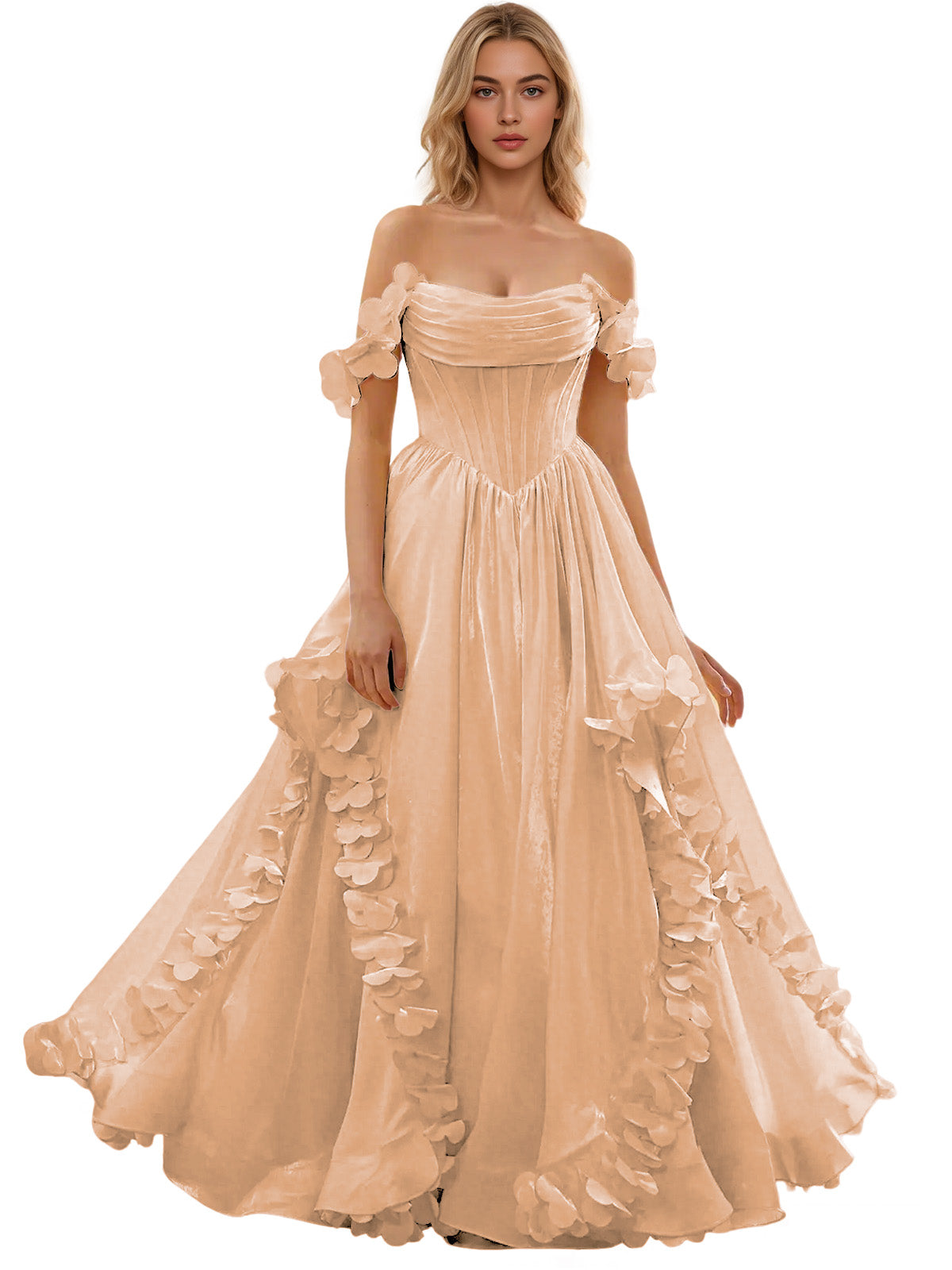 Off Shoulder Ruffle Tulle Ball Gown Prom Dress with Floral Applique